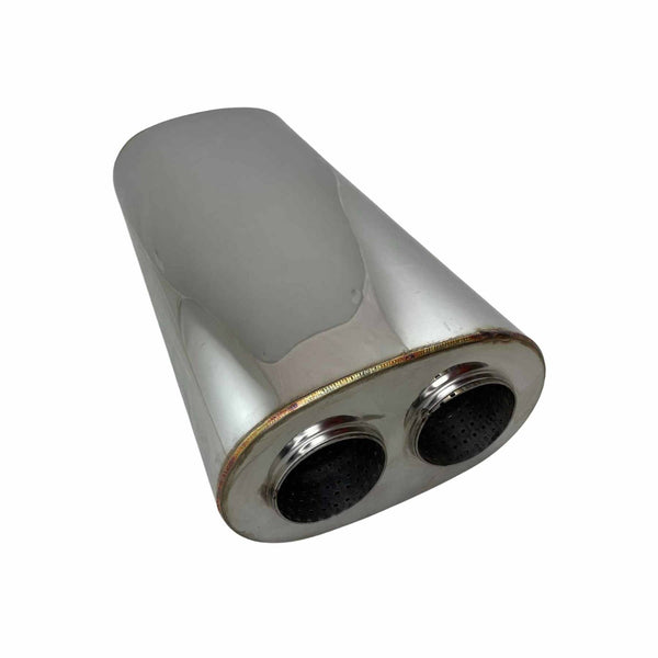 3.5" Inlet Twin 3" Outlet Stainless Performance Oval Muffler - 10" x 6" Barrel, 20" Long | Australian Tow Spares