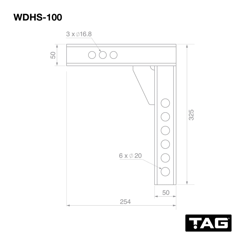 TAG Adjustable Heavy Duty Tow Ball Mount 90° Face, 50mm Square Hitch - 310mm Drop, 335mm Rise