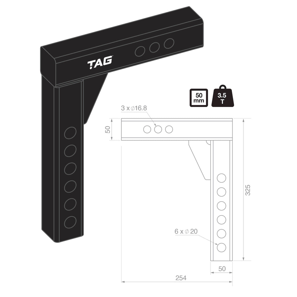 TAG Adjustable Heavy Duty Tow Ball Mount 90° Face, 50mm Square Hitch - 310mm Drop, 335mm Rise