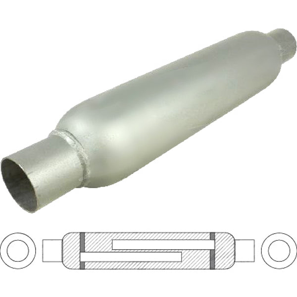 3 1/2" Round, 15" Long, 1 3/4", C/C, Spiral Louvered With Spigots   Baffled, Mild | Australian Tow Spares