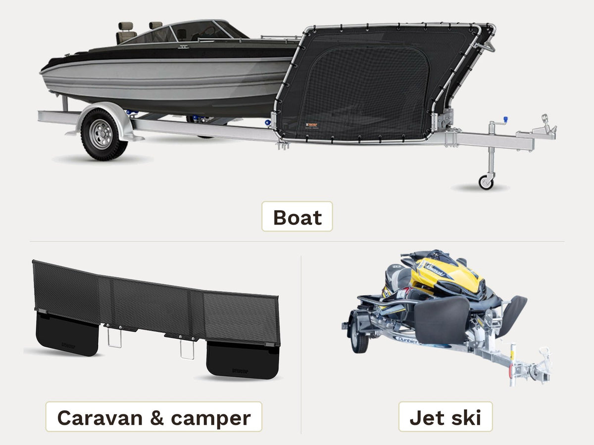 D-Flector stone guards for a boat trailer, caravan and camper, and jet ski